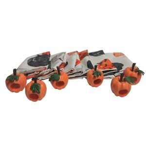 Rachel Zoe Napkins 6 Assorted Design PUMPKINS POLYESTER + 6 Pumpkin Napkin Rings